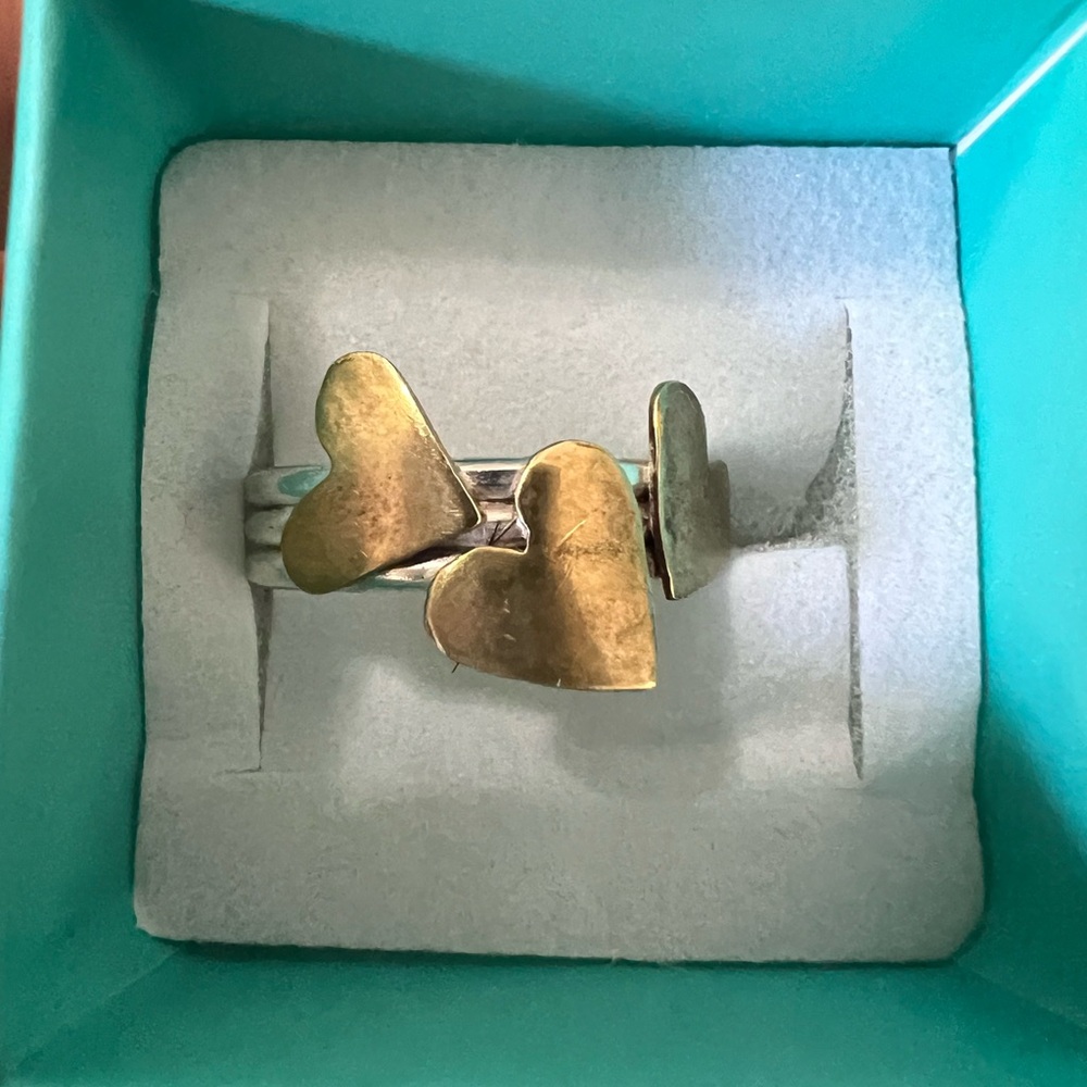 Sterling silver triple band ring with copper hearts